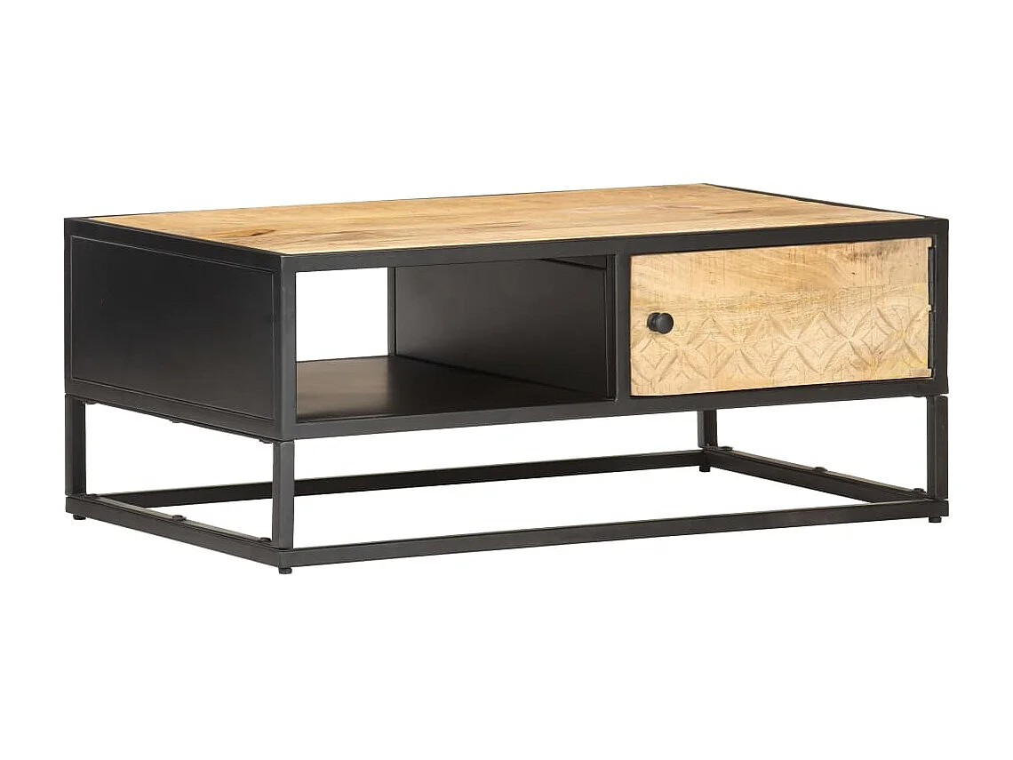 Table basse à porte sculptée 90x55x36 cm Bois de manguier brut