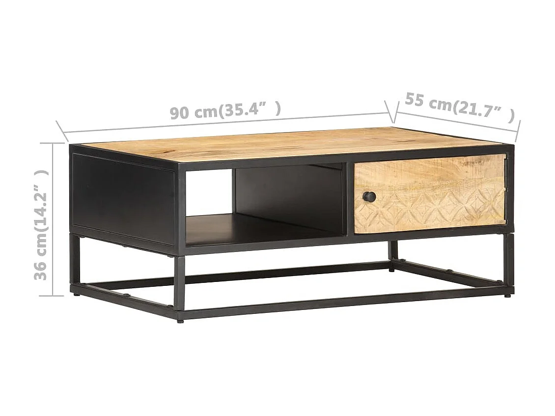 Table basse à porte sculptée 90x55x36 cm Bois de manguier brut