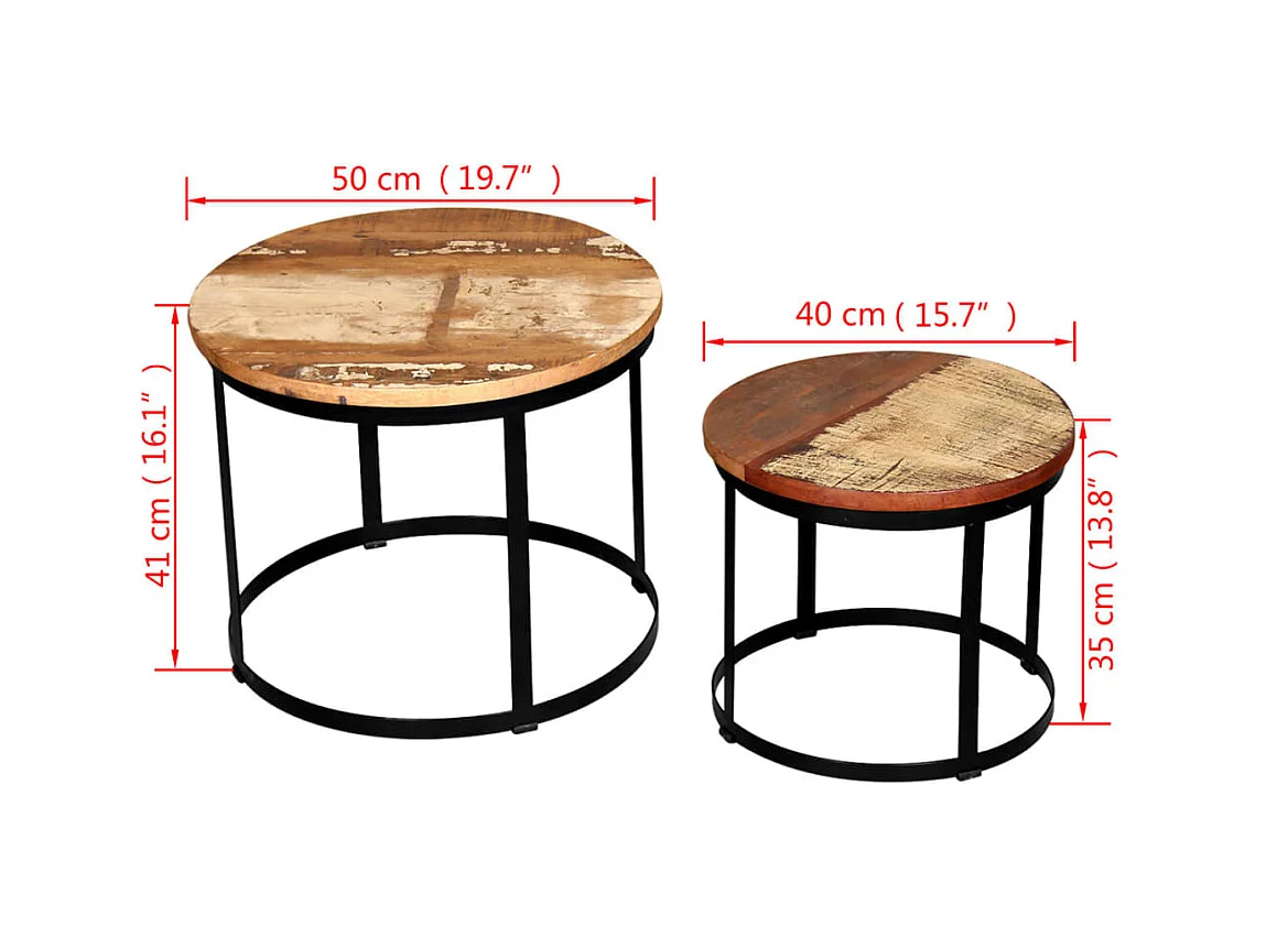 2-delige Salontafelset rond 40/50 cm massief gerecycled hout