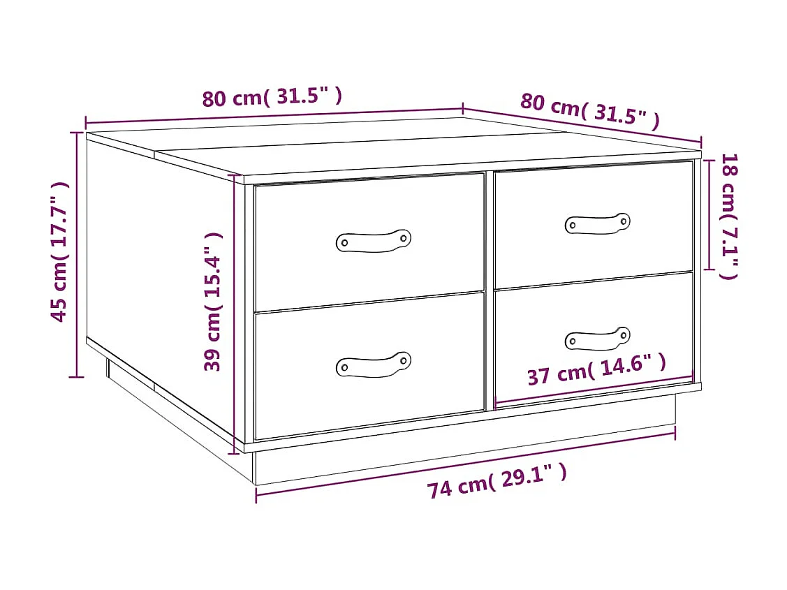 Salontafel 80x80x45 cm massief grenenhout wit