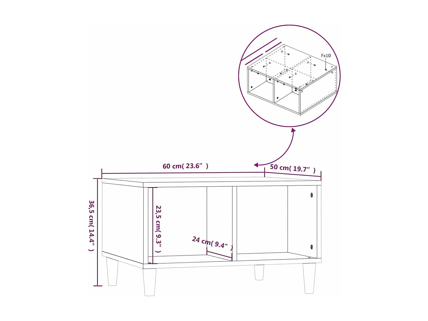 Mesa de centro 60x50x36,5cm derivados madeira carvalho castanho
