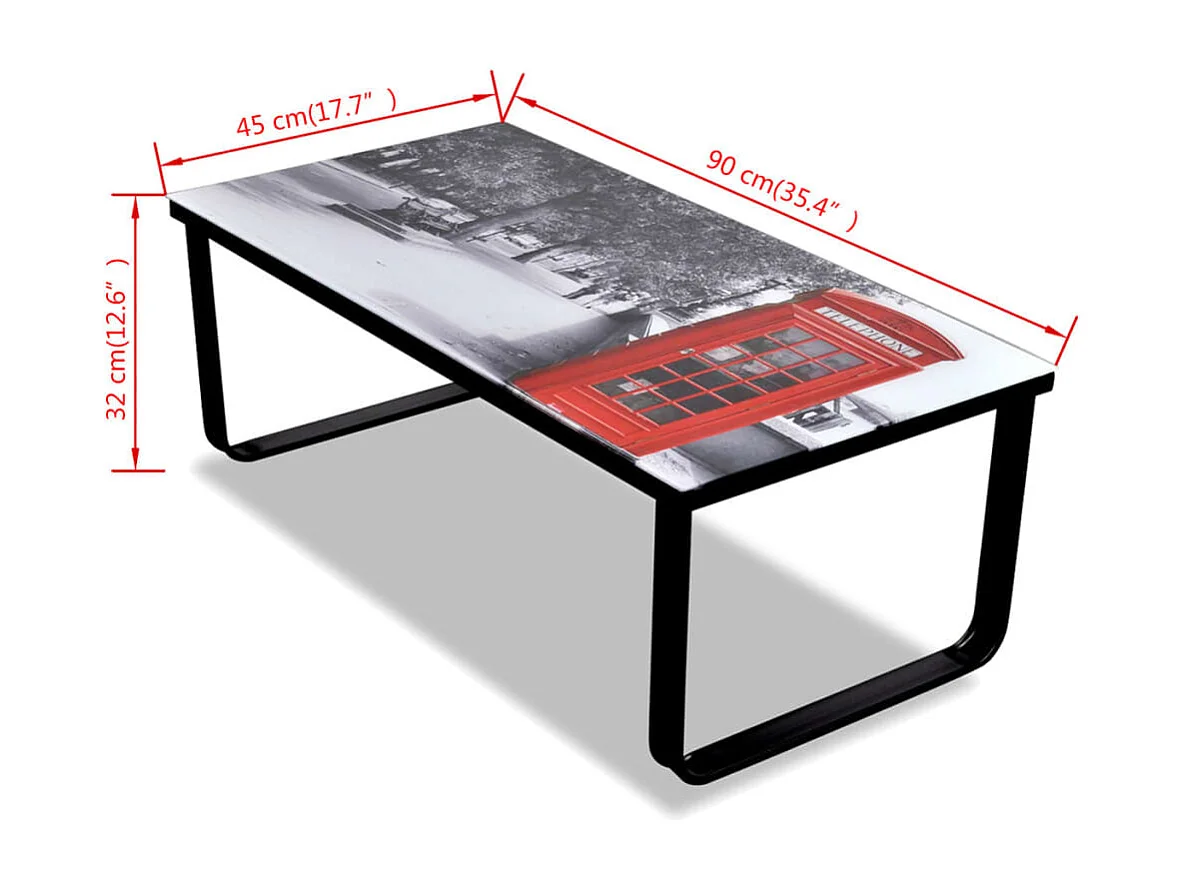 Salontafel met telefooncel-print glazen tafelblad