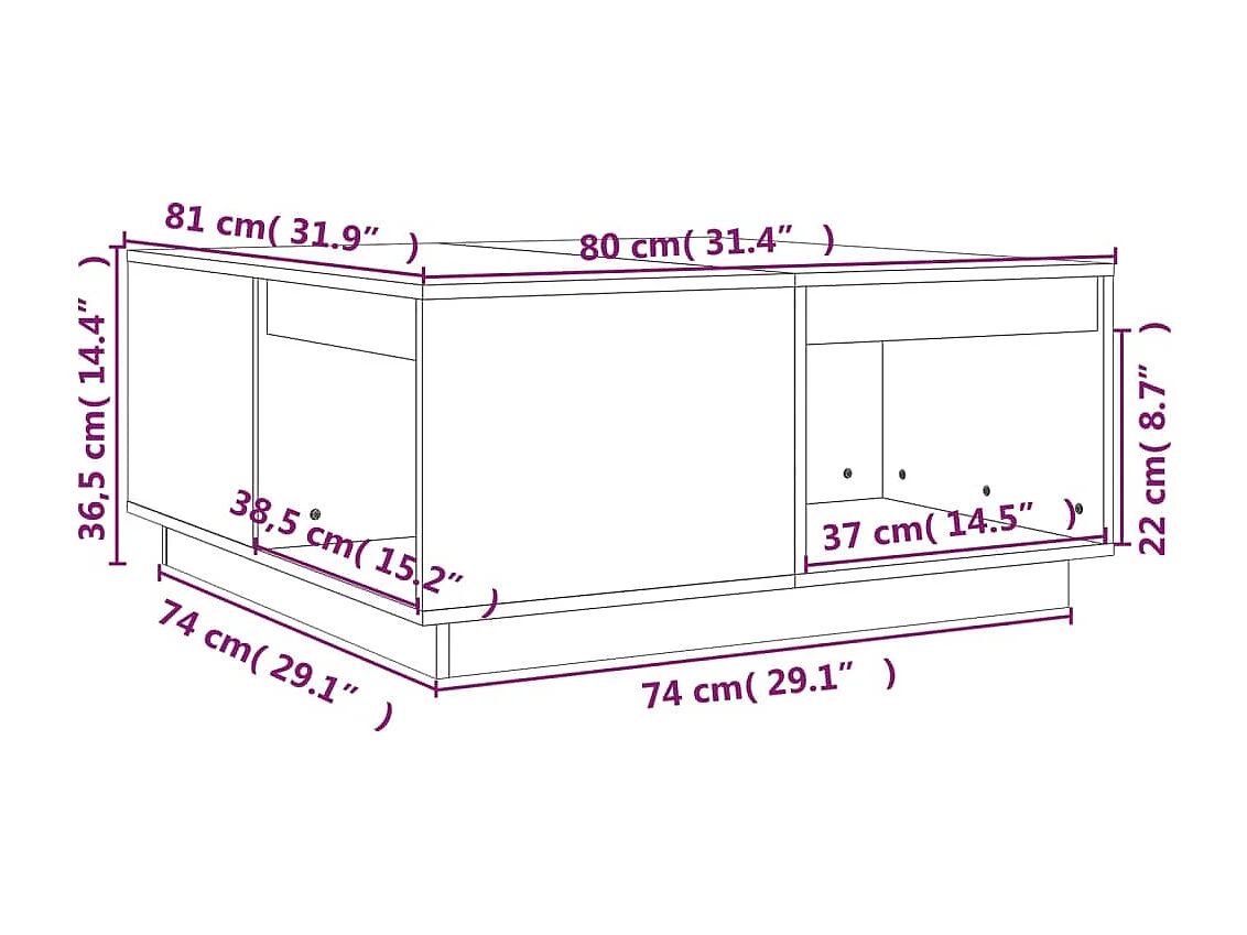 Mesa de centro de madera maciza de pino gris 80x81x36,5 cm