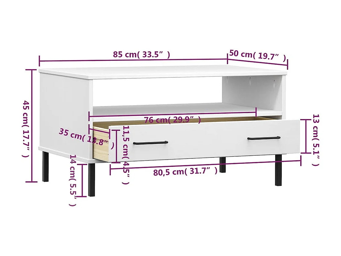 Table basse avec pieds en métal Blanc 85x50x45 cm Bois OSLO