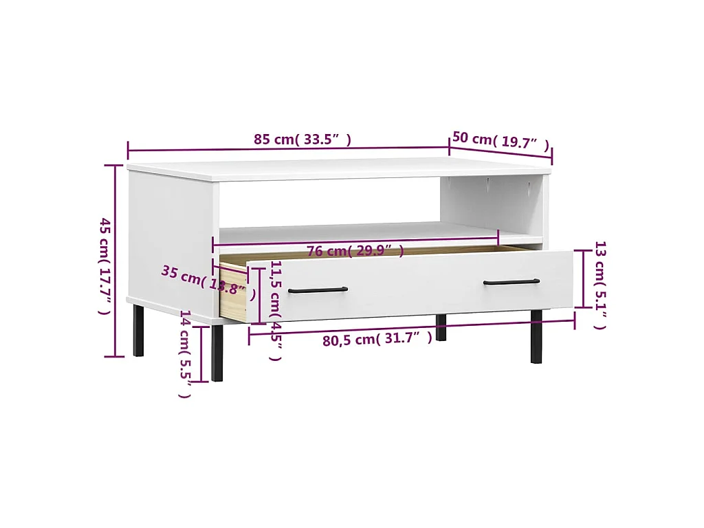 Table basse avec pieds en métal Blanc 85x50x45 cm Bois OSLO