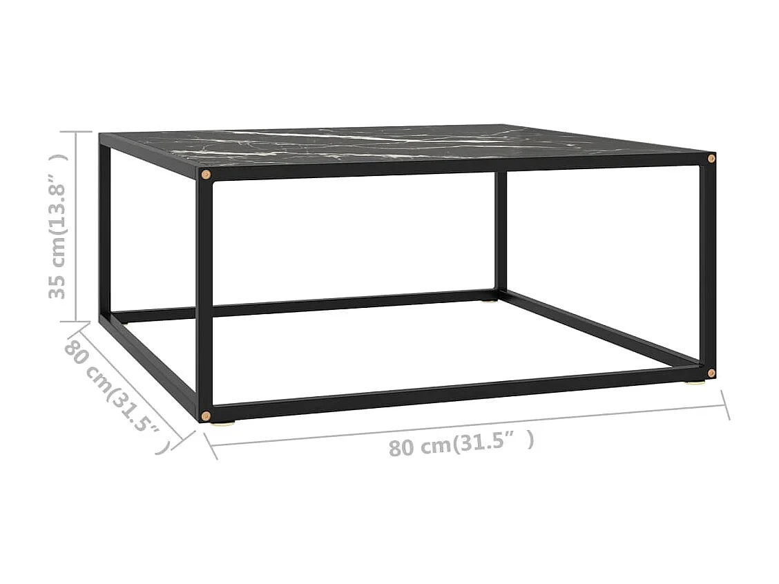 Couchtisch Schwarz mit Schwarzem Glas in Marmor-Optik 80x80x35
