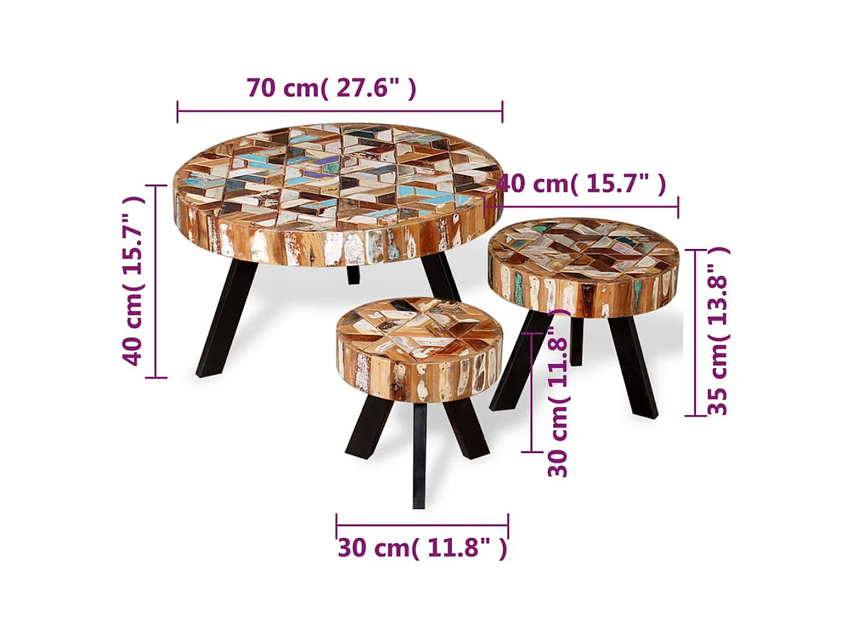 Set Tavolino da Salotto 3 pz in Legno Massello Riciclato