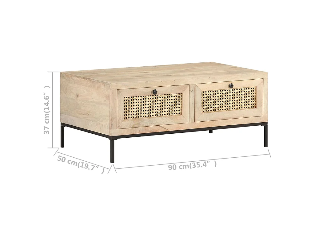 Table basse 90x50x37 cm Bois de manguier et canne naturelle
