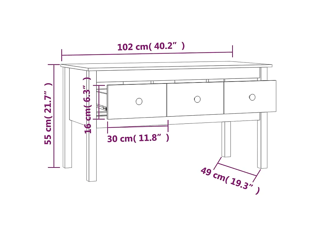 Table basse Noir 102x49x55 cm Bois massif de pin