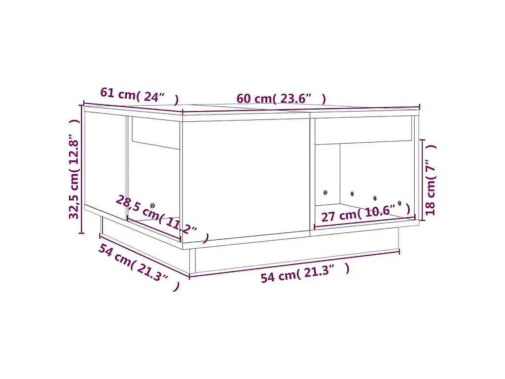 Mesa de centro de madera maciza de pino negro 60x61x32,5 cm