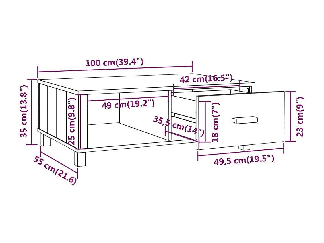Couchtisch HAMAR Dunkelgrau 100x55x35 cm Massivholz Kiefer