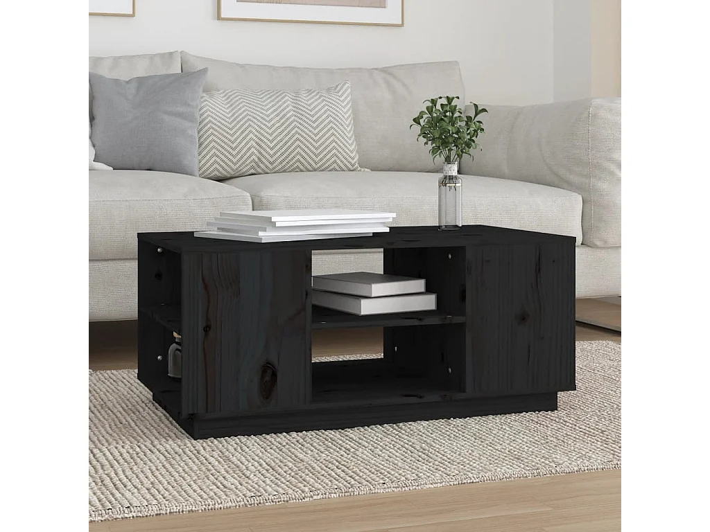 Tavolino da Salotto Nero 90x49x40,5 cm Legno Massello di Pino