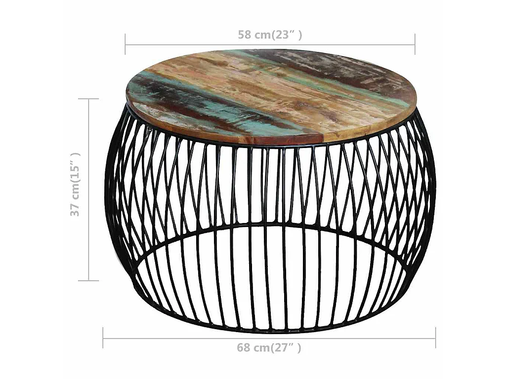 Mesa de centro redonda de madera maciza reciclada 68x37 cm