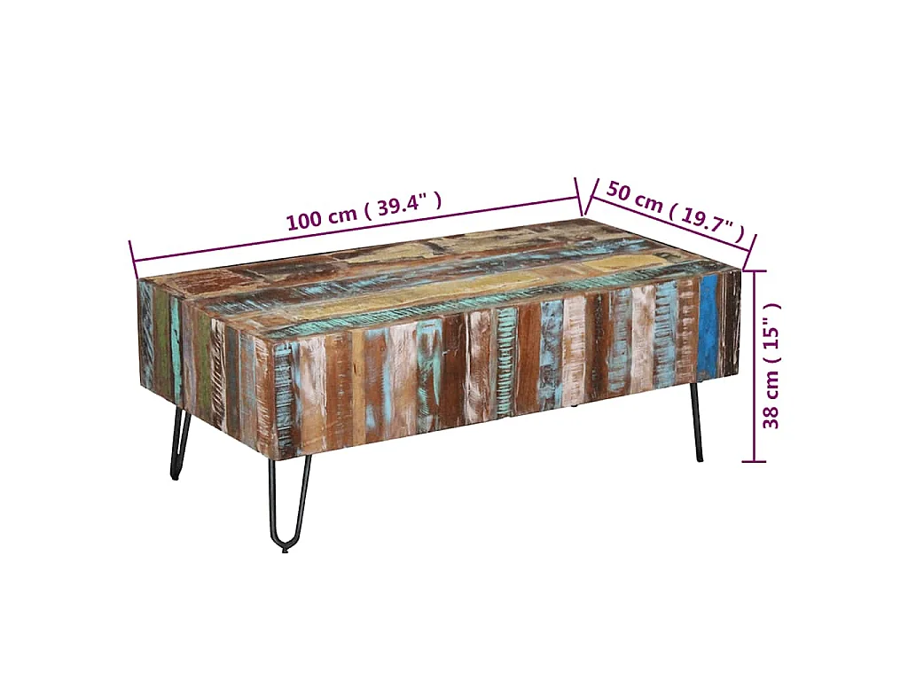 Tavolino da Salotto in Legno Massello Anticato 100x50x38 cm