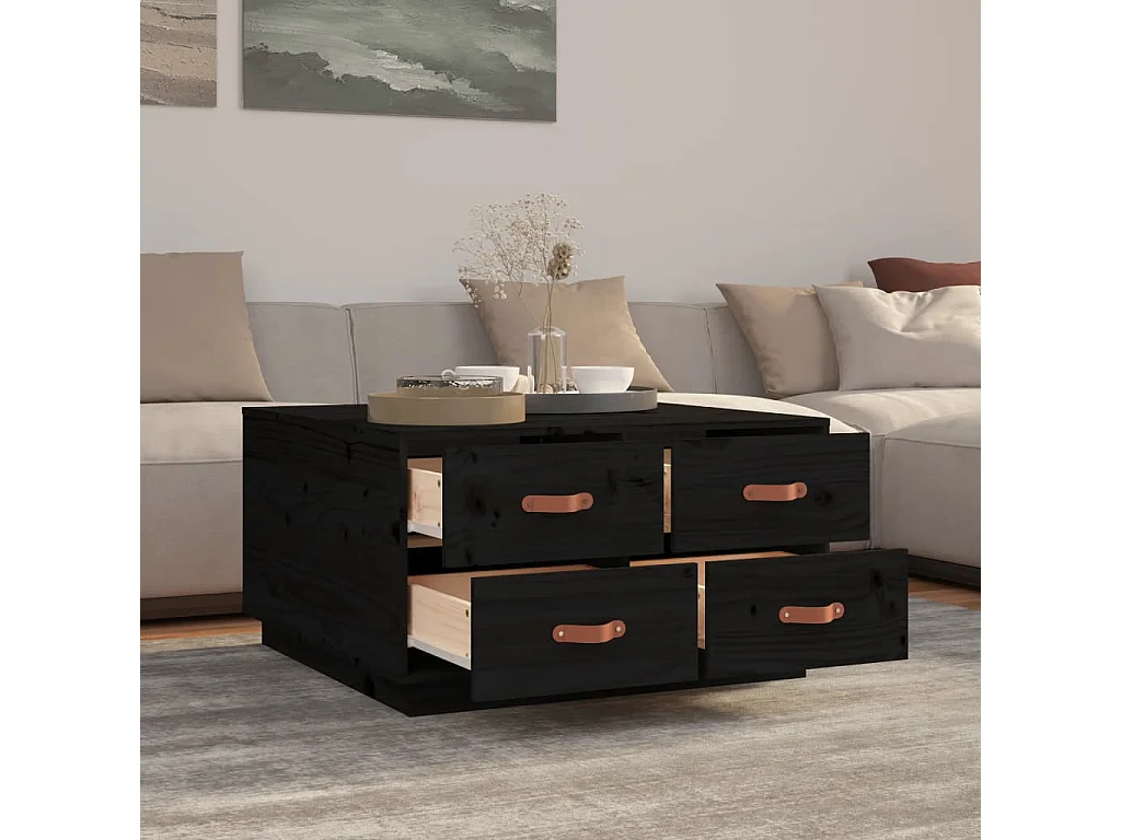 Tavolino da Salotto Nero 80x80x45 cm Legno Massello di Pino