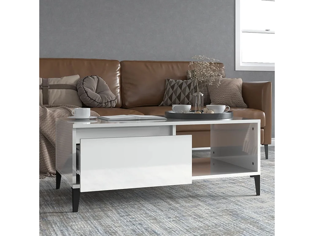 Tavolino Salotto Bianco Lucido 90x50x36,5 cm Legno Multistrato