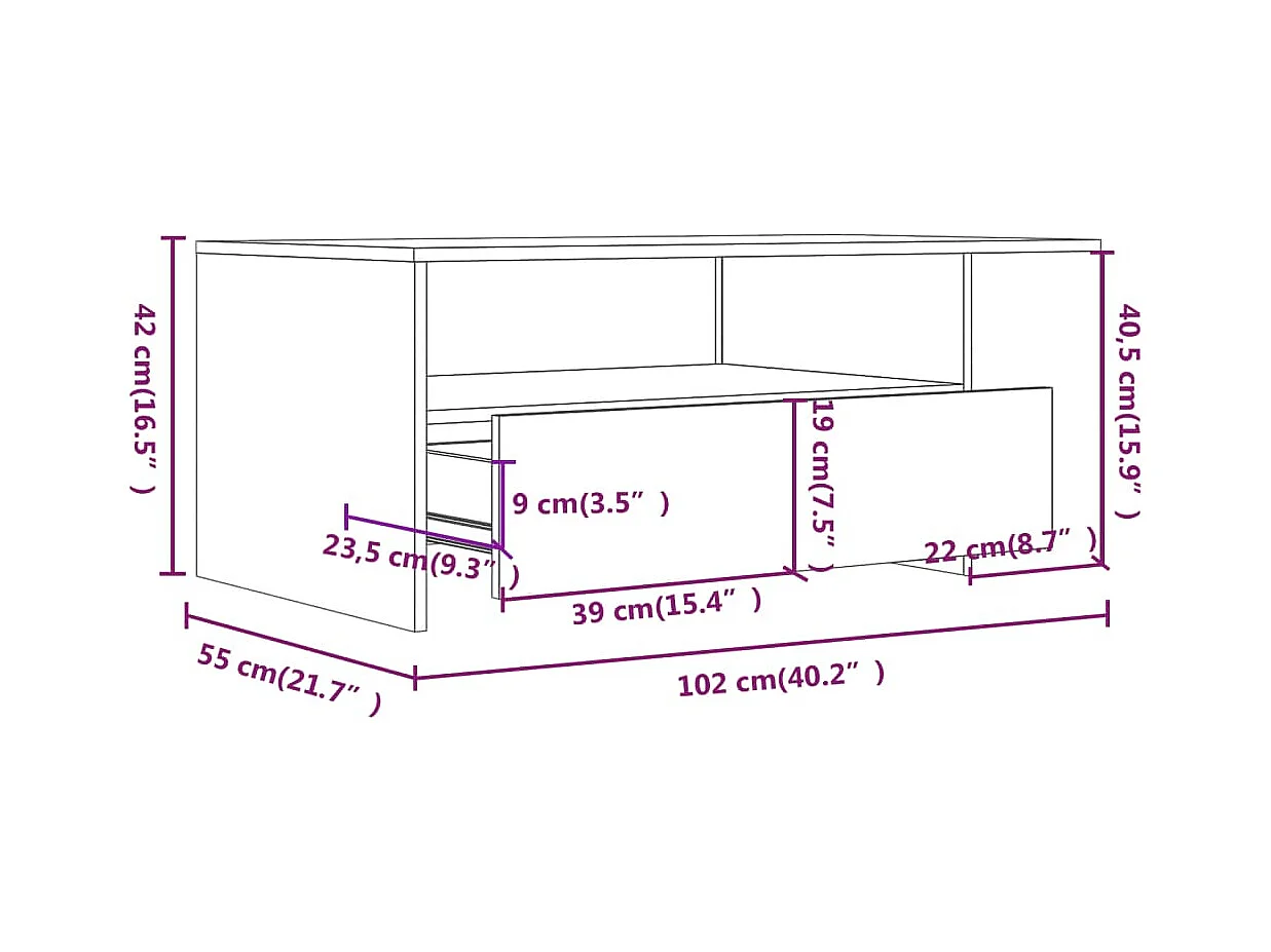 Table basse chêne sonoma 102x55x42 cm bois d'ingénierie