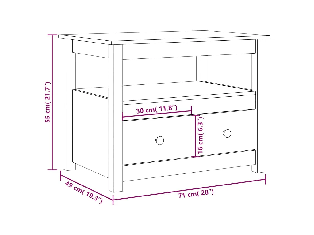 Mesa de centro de madera maciza de pino negro 71x49x55 cm