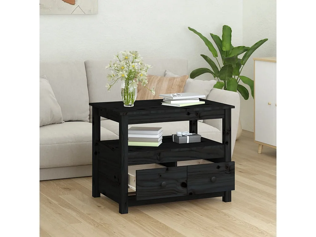 Mesa de centro de madera maciza de pino negro 71x49x55 cm