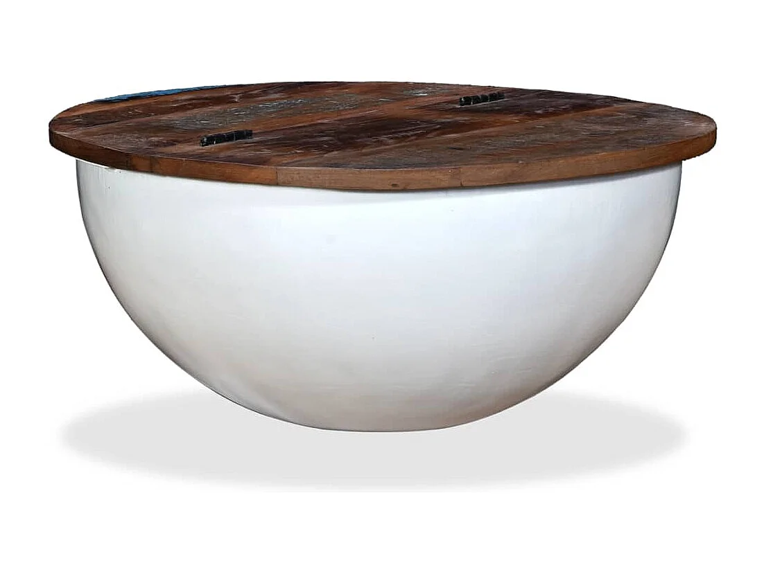 Mesa centro madeira reciclada maciça branca em forma de tijela