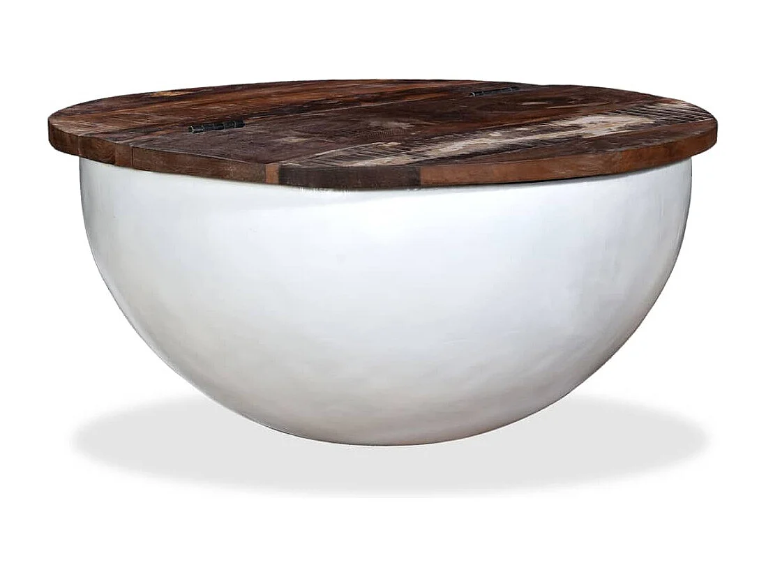 Mesa centro madeira reciclada maciça branca em forma de tijela