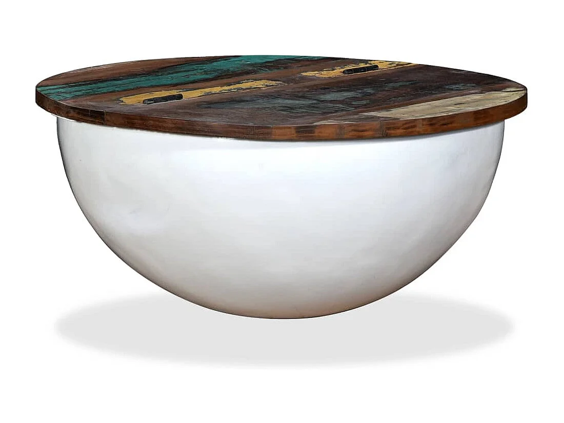 Mesa centro madeira reciclada maciça branca em forma de tijela