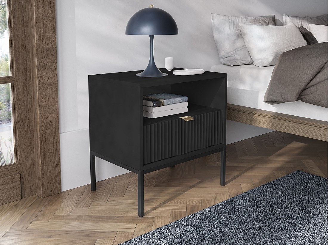Commode 6 Tiroirs GLARODI - Noir Et Naturel Clair, Dimensions 124x75x40 Cm, Montage Facile
