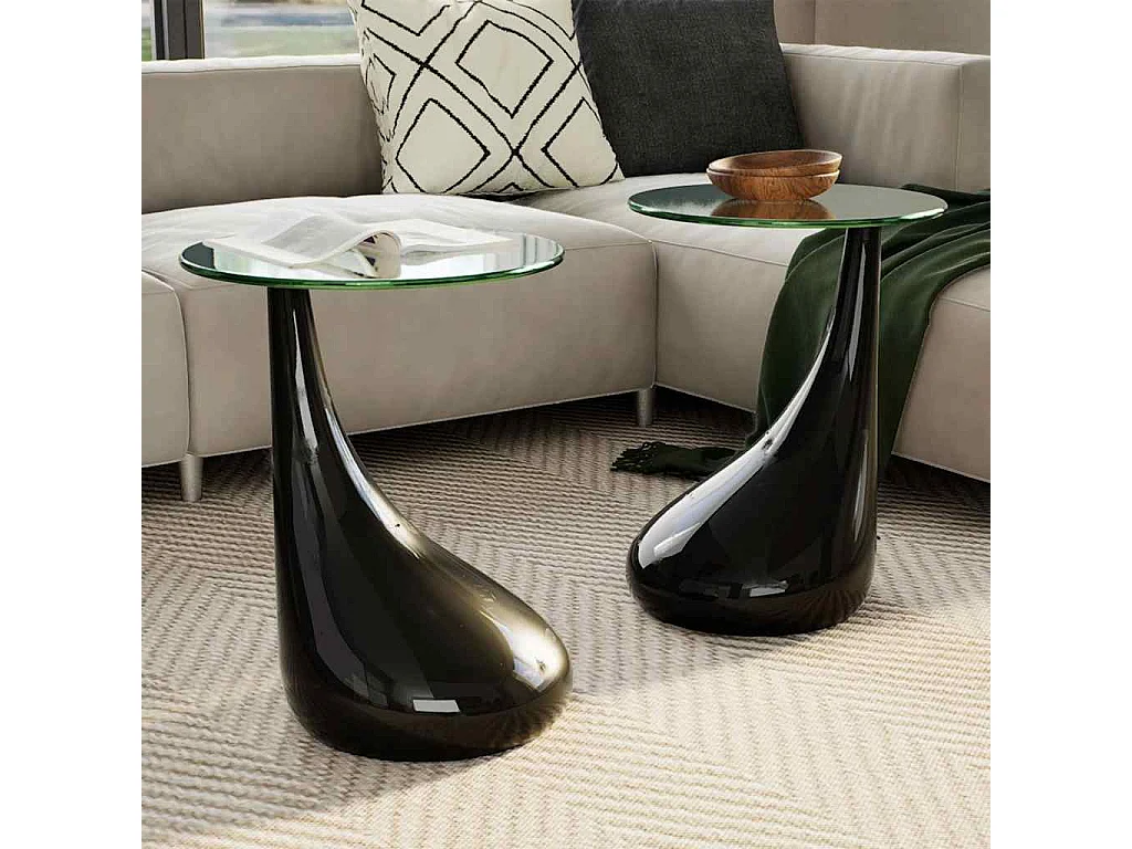 Table basse et dessus de table Verre rond Noir brillant 2 pcs