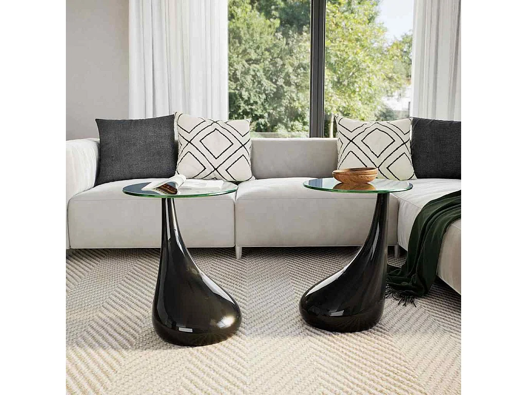 Table basse et dessus de table Verre rond Noir brillant 2 pcs