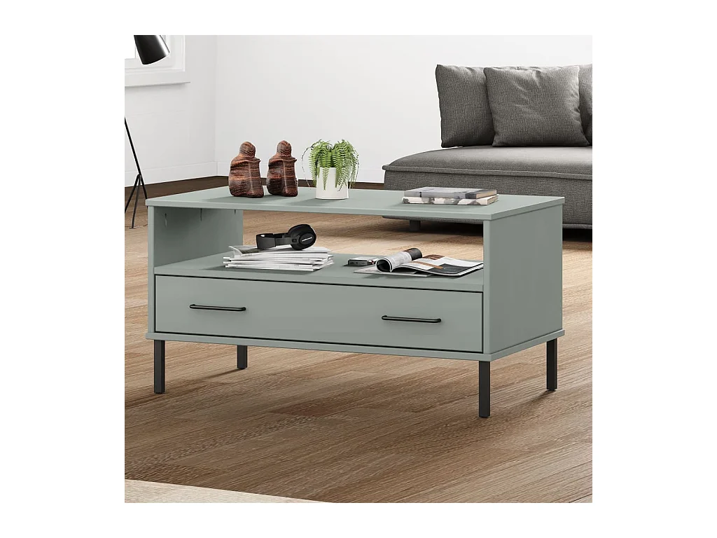 Couchtisch OSLO mit Metallbeinen Grau 85x50x45 cm Massivholz
