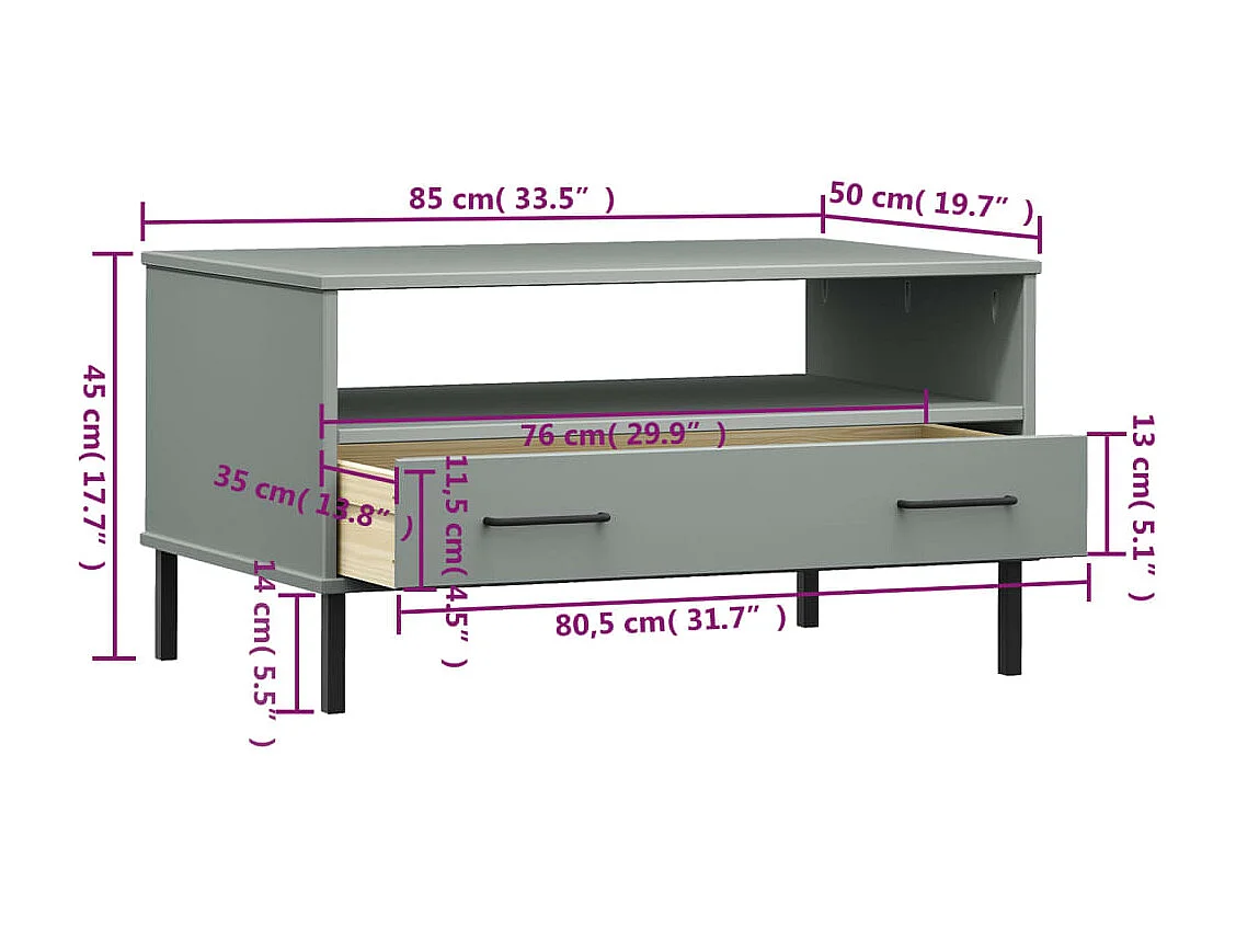 Couchtisch OSLO mit Metallbeinen Grau 85x50x45 cm Massivholz