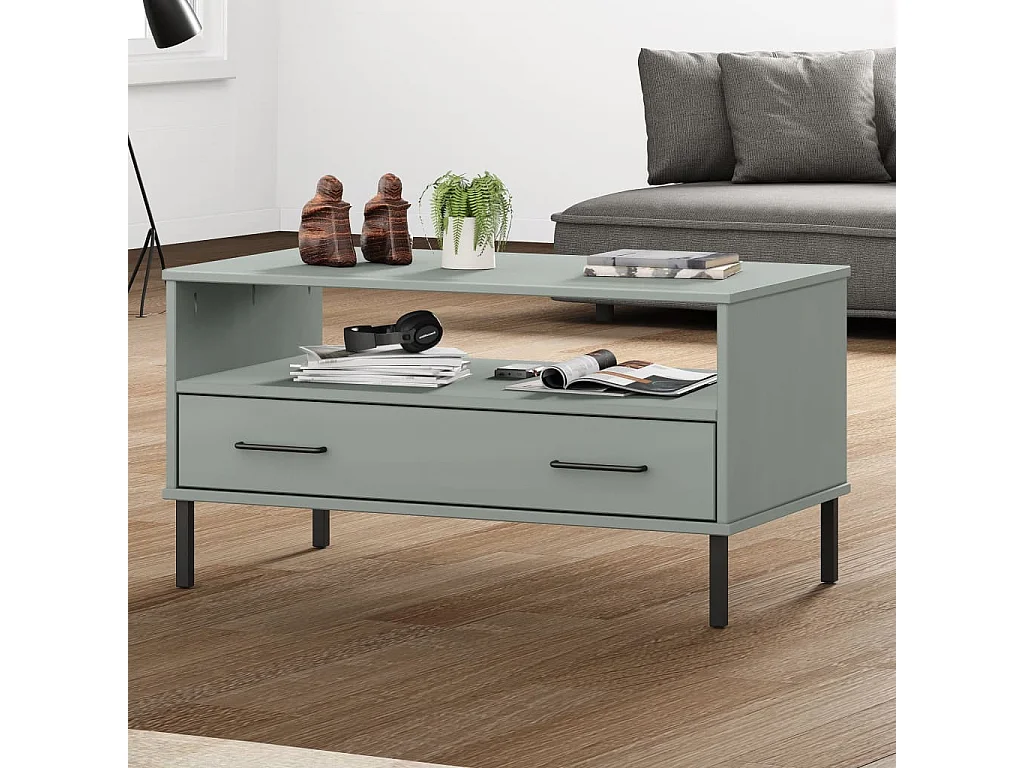 Couchtisch OSLO mit Metallbeinen Grau 85x50x45 cm Massivholz