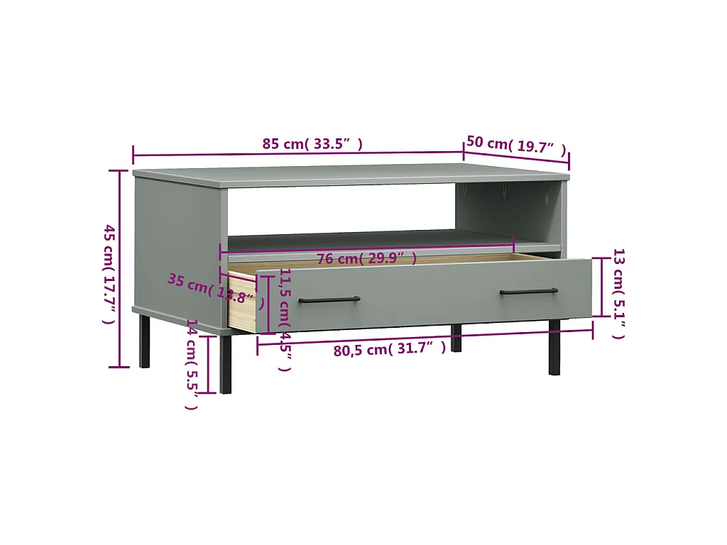Couchtisch OSLO mit Metallbeinen Grau 85x50x45 cm Massivholz