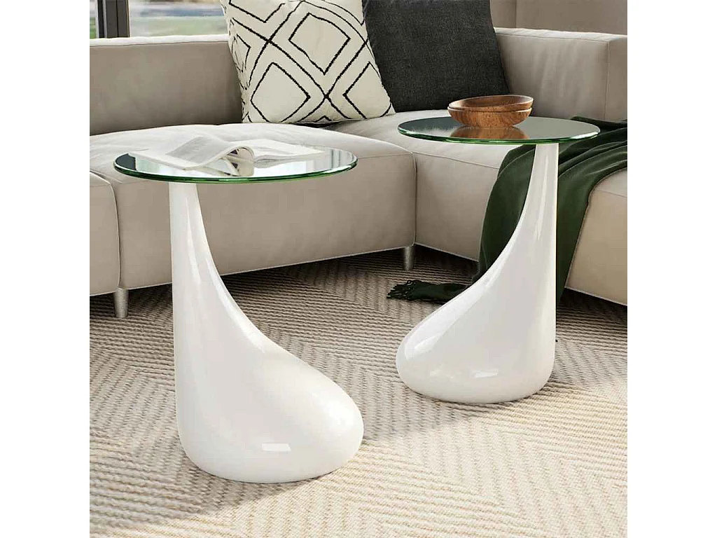 Tavolini da Salotto 2pz con Ripiano Rotondo Vetro Bianco Lucido