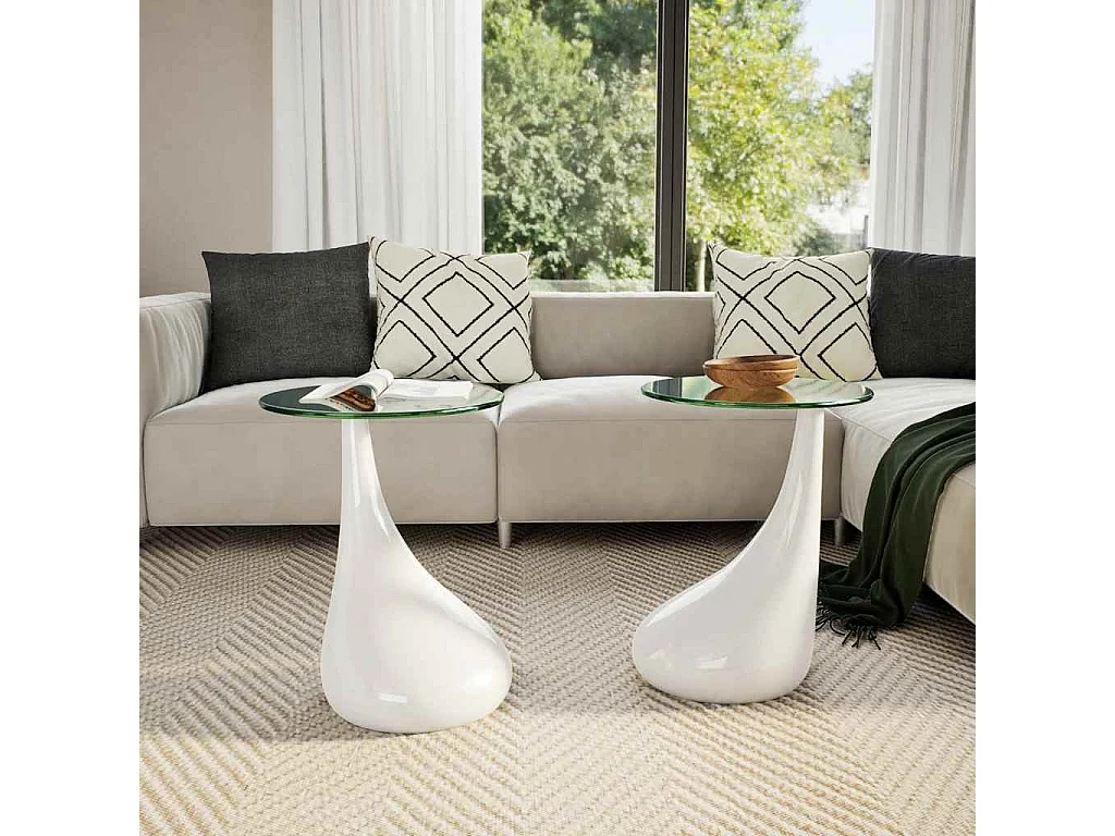 Tavolini da Salotto 2pz con Ripiano Rotondo Vetro Bianco Lucido