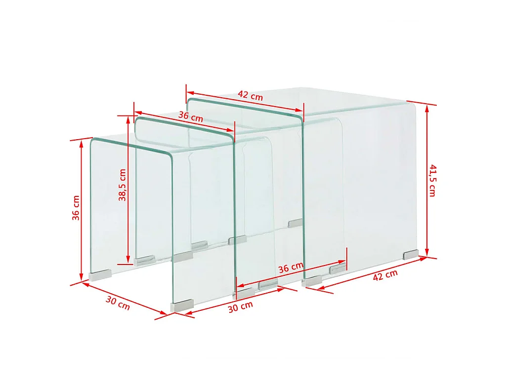 Ensemble de tables gigognes 3 Pièces Verre trempé Transparent