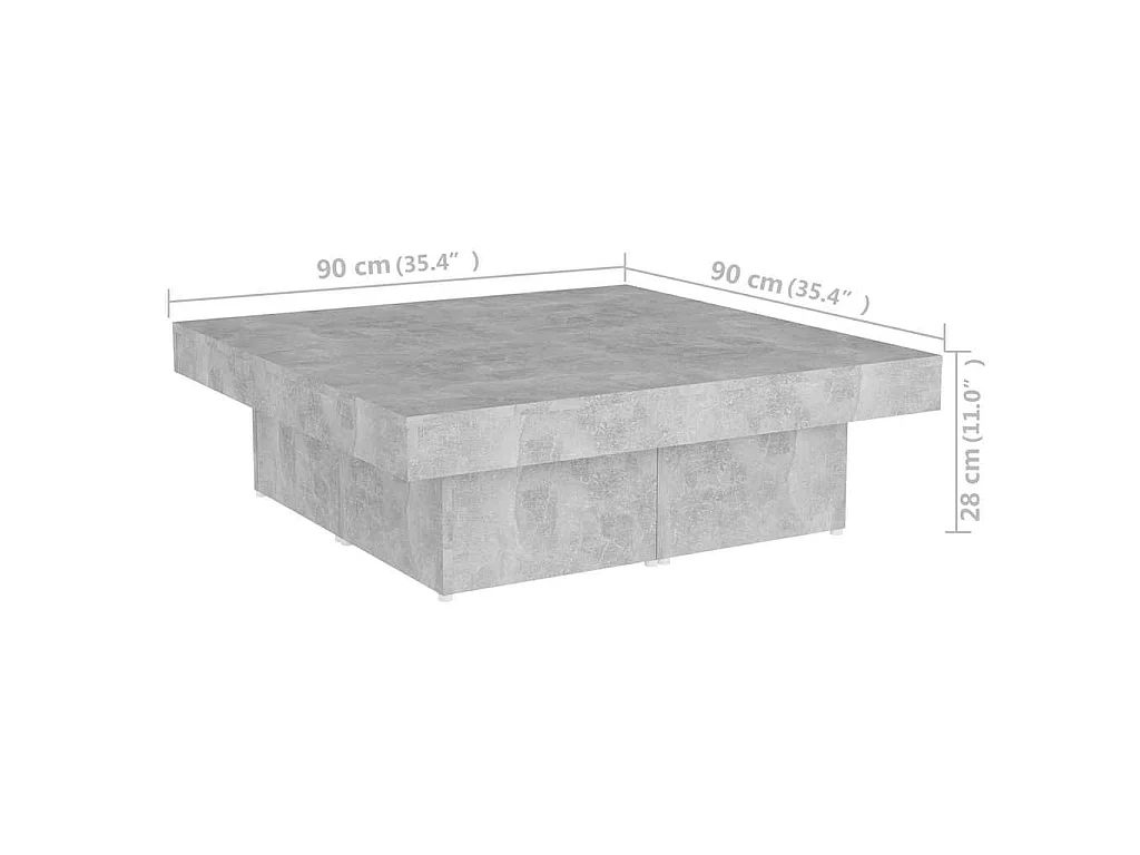 Table basse gris béton 90x90x28 cm bois d'ingénierie