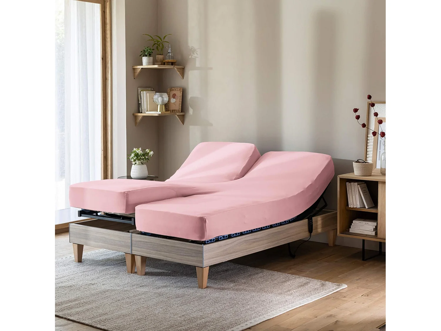 Drap housse rose thé pour lit articulé jersey extensible 2x80x200