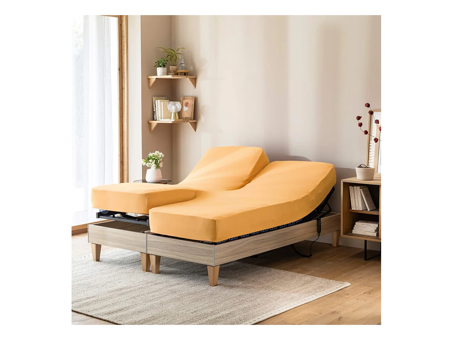 Drap housse jaune moutarde pour lit articulé jersey extensible 2x90x200