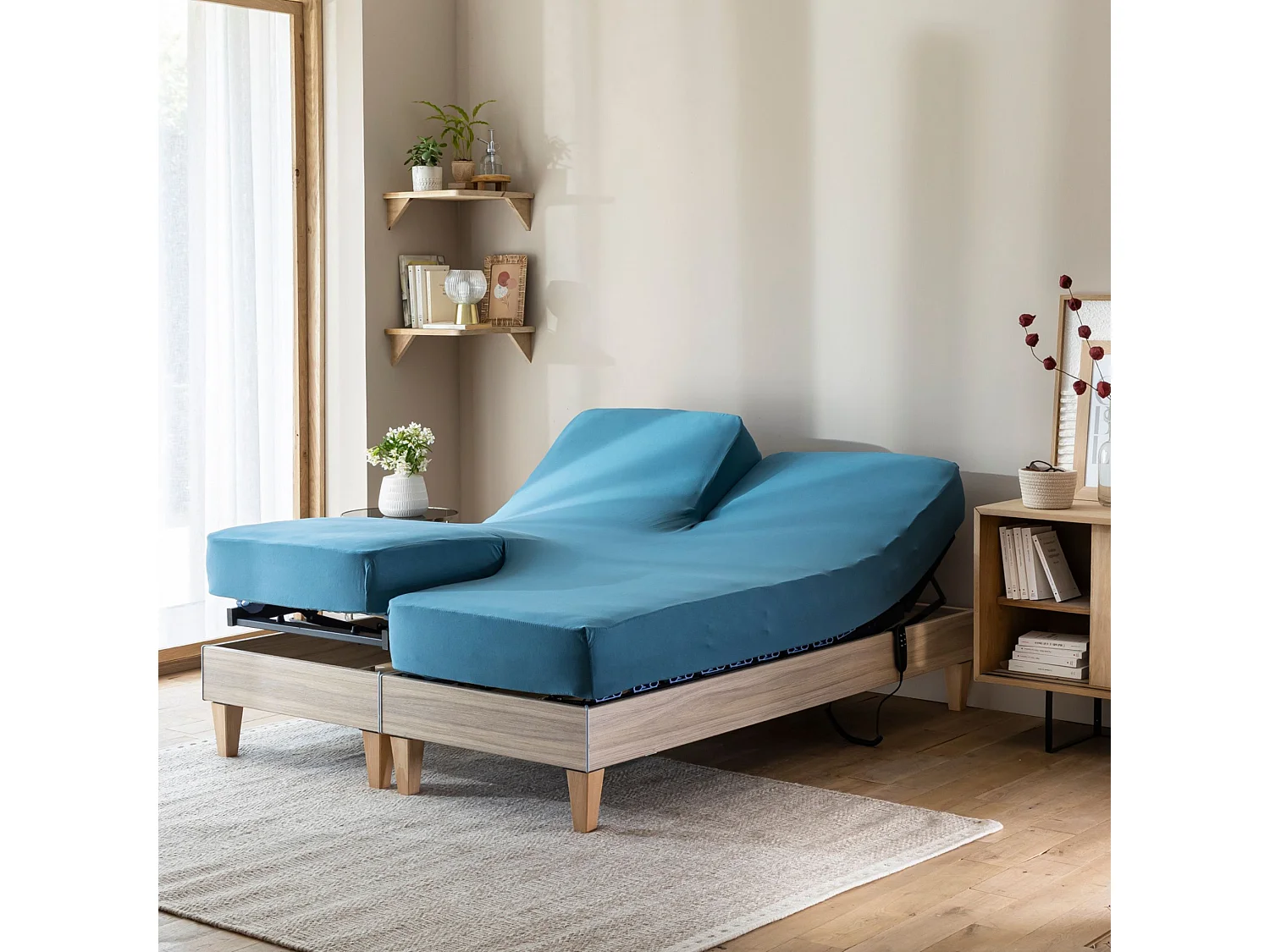 Drap housse bleu canard pour lit articulé jersey extensible 2x70x190