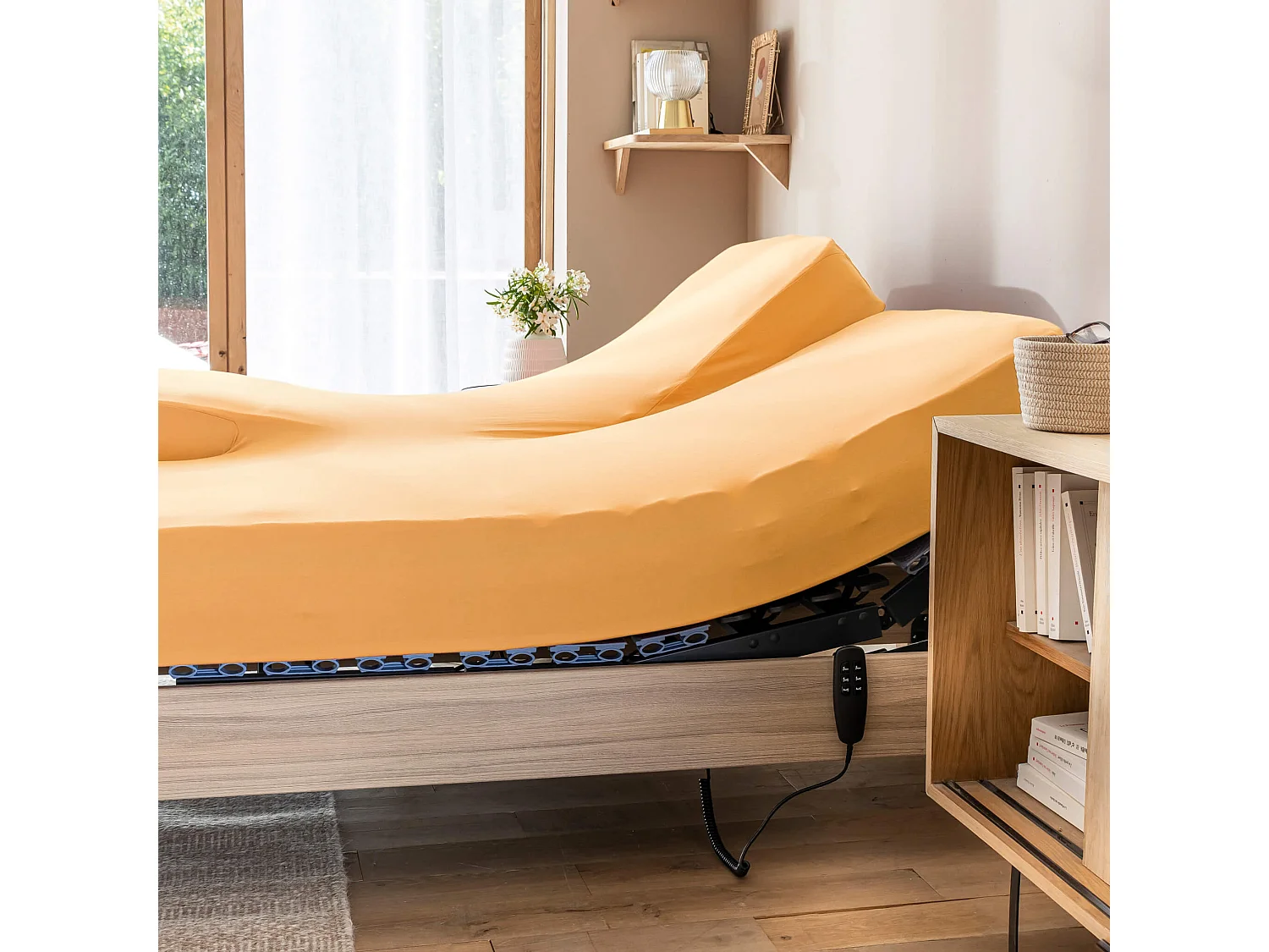 Drap housse jaune moutarde pour lit articulé jersey extensible 2x80x200