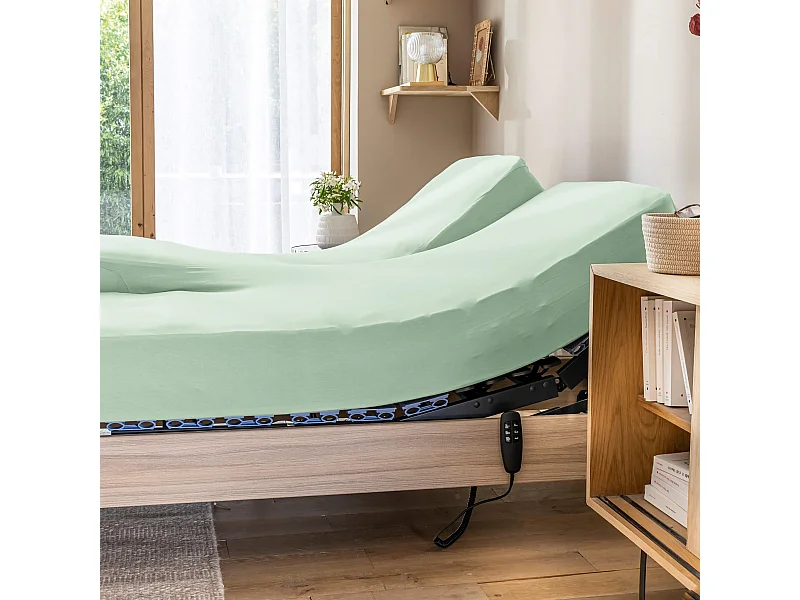 Drap housse vert jade pour lit articulé jersey extensible 2x90x200