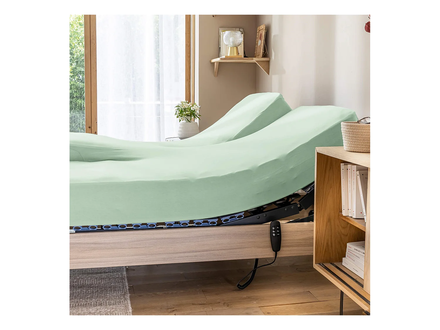 Drap housse vert jade pour lit articulé jersey extensible 2x90x200