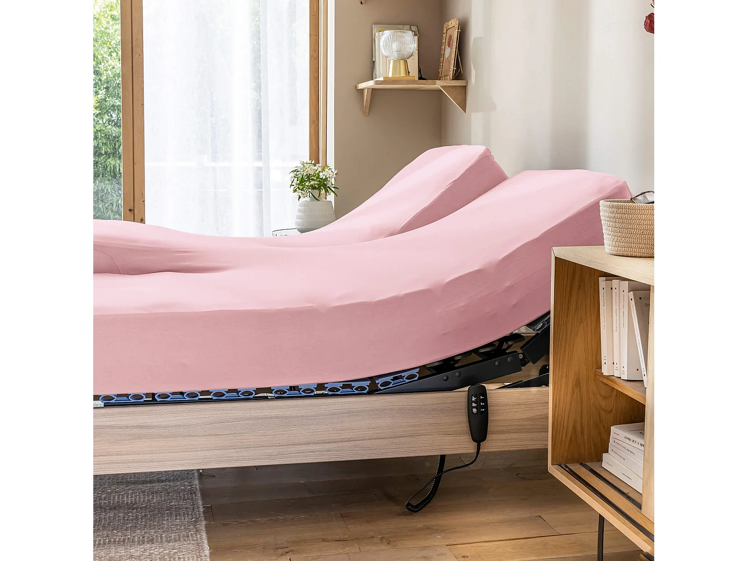 Drap housse rose thé pour lit articulé jersey extensible 2x70x190