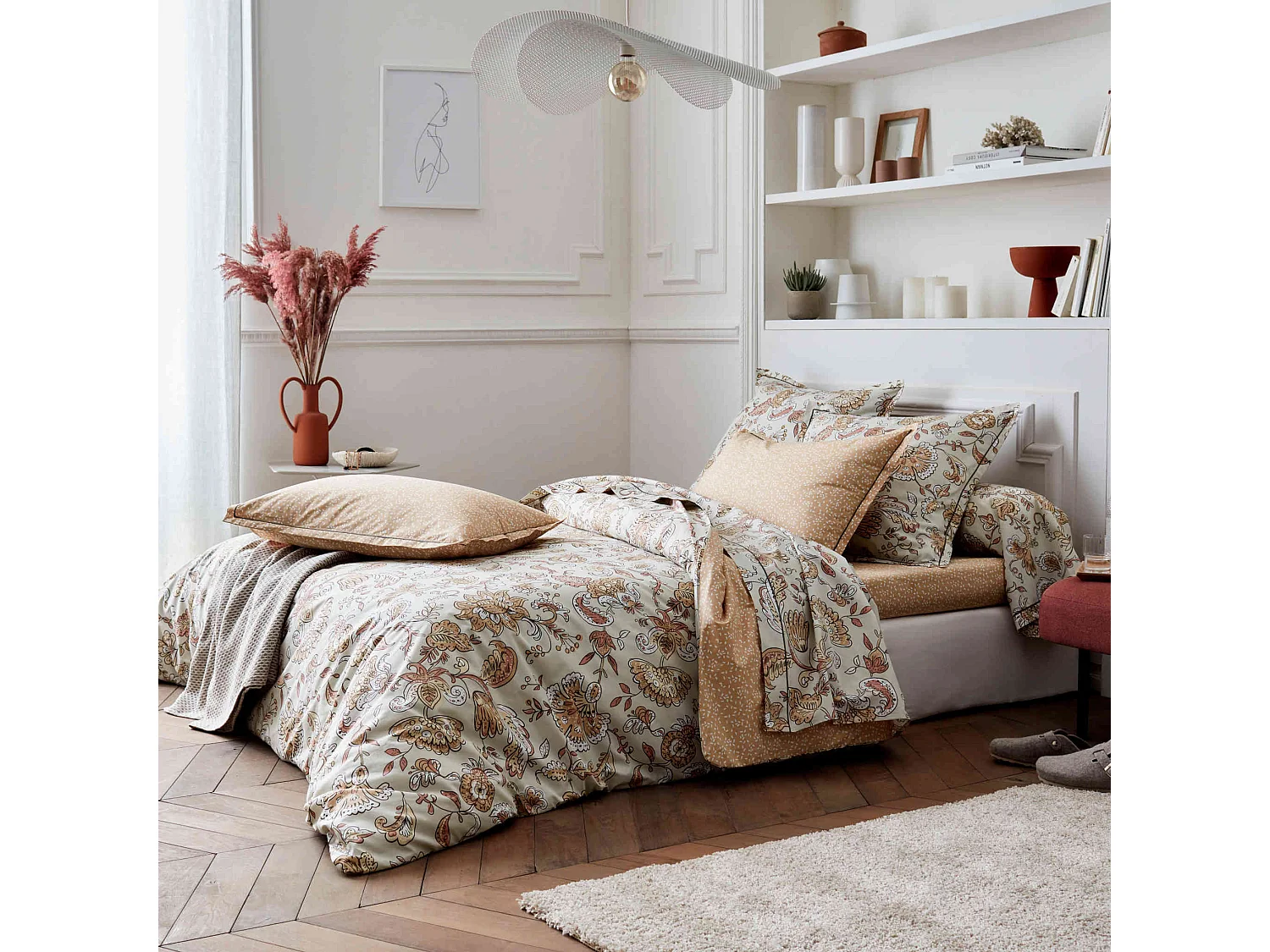 Drap housse percale Santal beige bonnet 30 cm 90x190 cm - Tradilinge