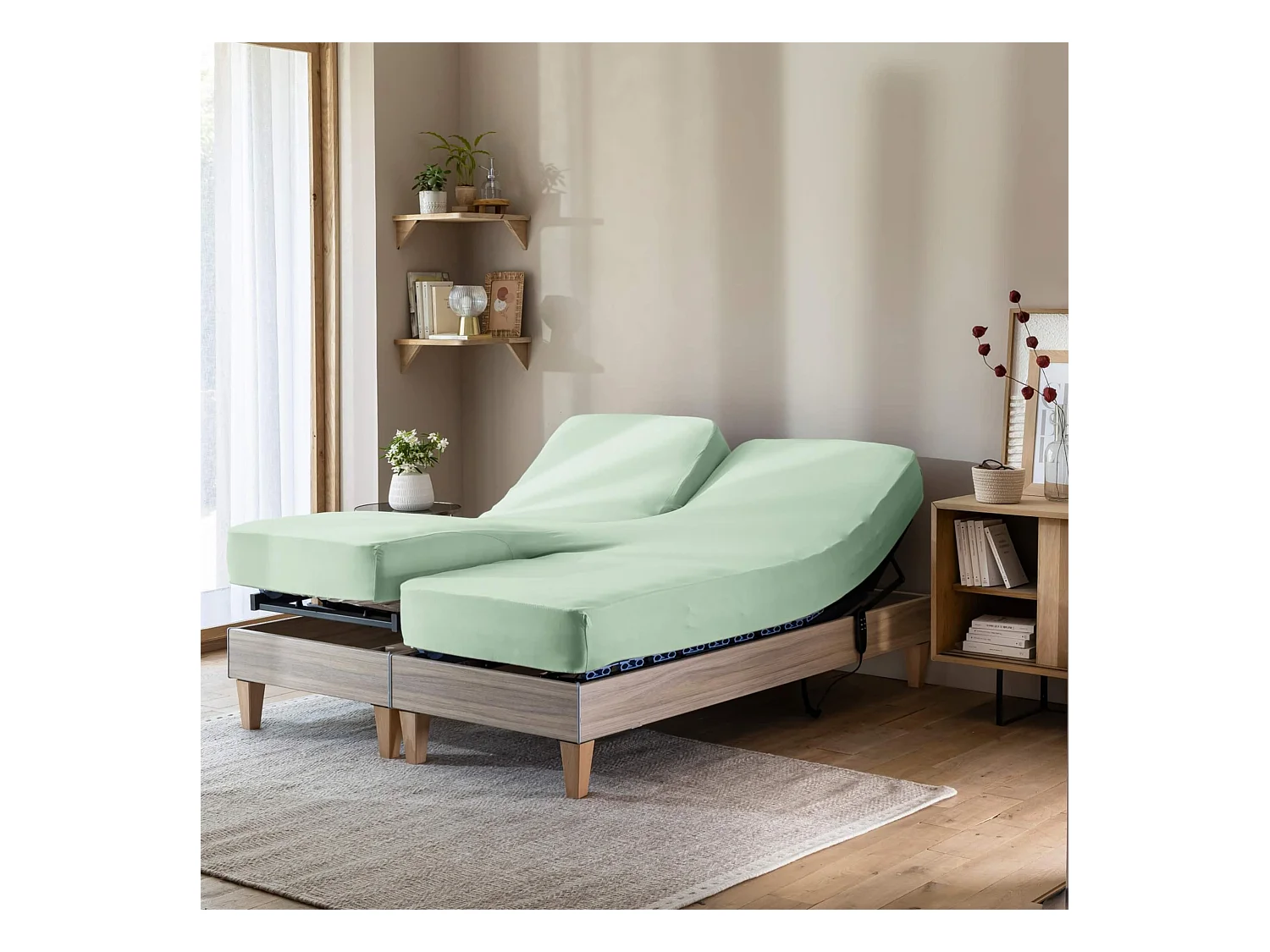Drap housse vert jade pour lit articulé jersey extensible 2x80x200