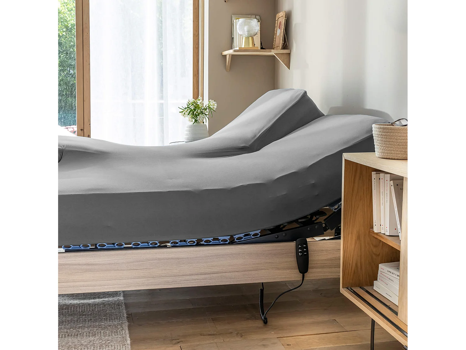 Drap housse gris souris pour lit articulé jersey extensible 2x90x200