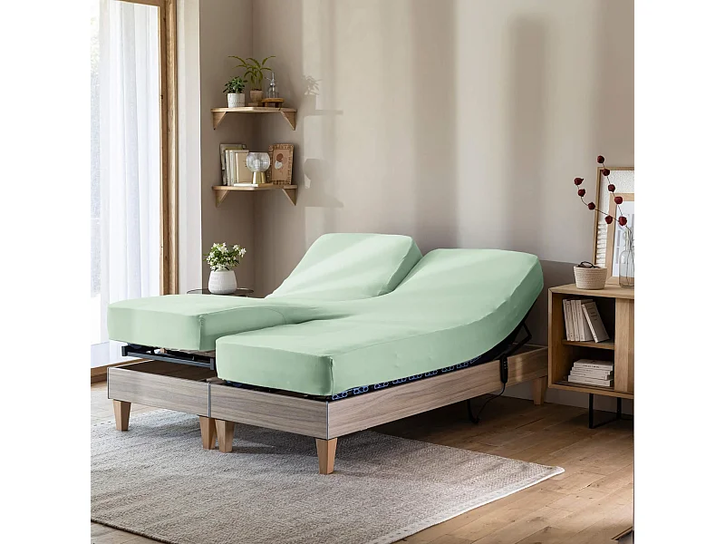 Drap housse vert jade pour lit articulé jersey extensible 2x70x190