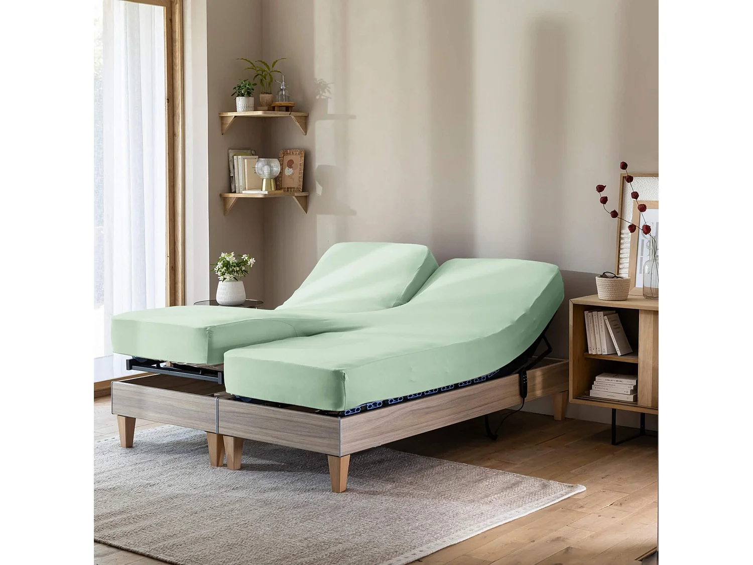 Drap housse vert jade pour lit articulé jersey extensible 2x70x190