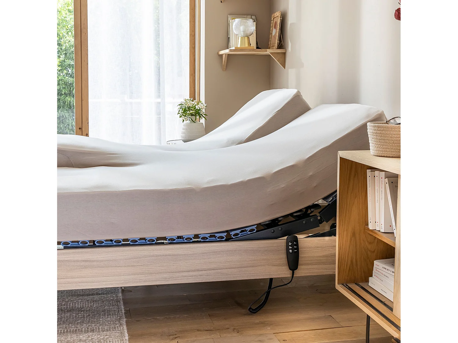 Drap housse beige pour lit articulé jersey extensible 2x70x190